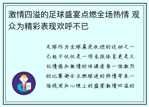 激情四溢的足球盛宴点燃全场热情 观众为精彩表现欢呼不已