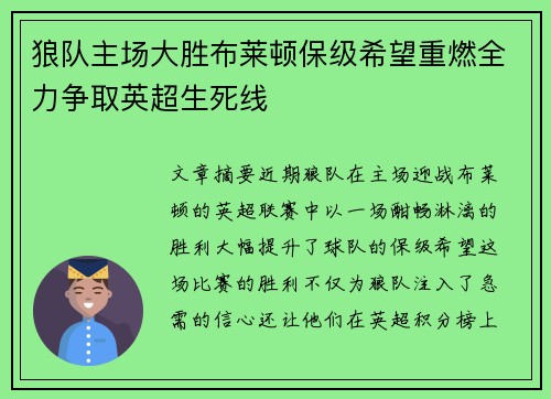 狼队主场大胜布莱顿保级希望重燃全力争取英超生死线