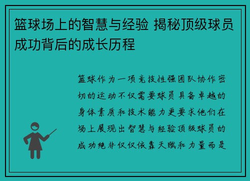 篮球场上的智慧与经验 揭秘顶级球员成功背后的成长历程