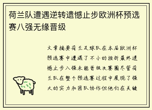 荷兰队遭遇逆转遗憾止步欧洲杯预选赛八强无缘晋级