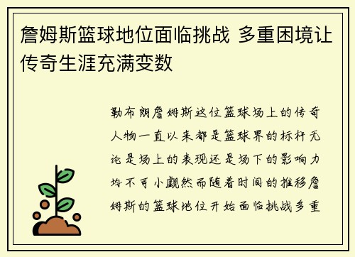 詹姆斯篮球地位面临挑战 多重困境让传奇生涯充满变数