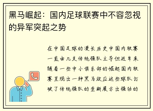 黑马崛起：国内足球联赛中不容忽视的异军突起之势