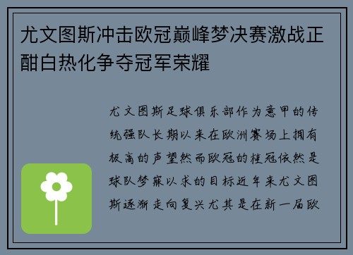 尤文图斯冲击欧冠巅峰梦决赛激战正酣白热化争夺冠军荣耀