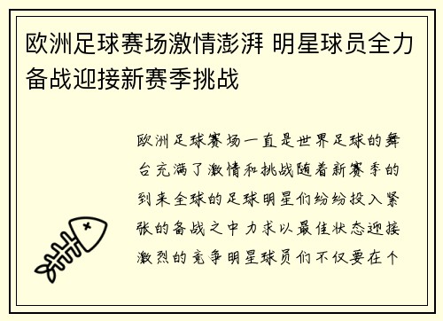 欧洲足球赛场激情澎湃 明星球员全力备战迎接新赛季挑战